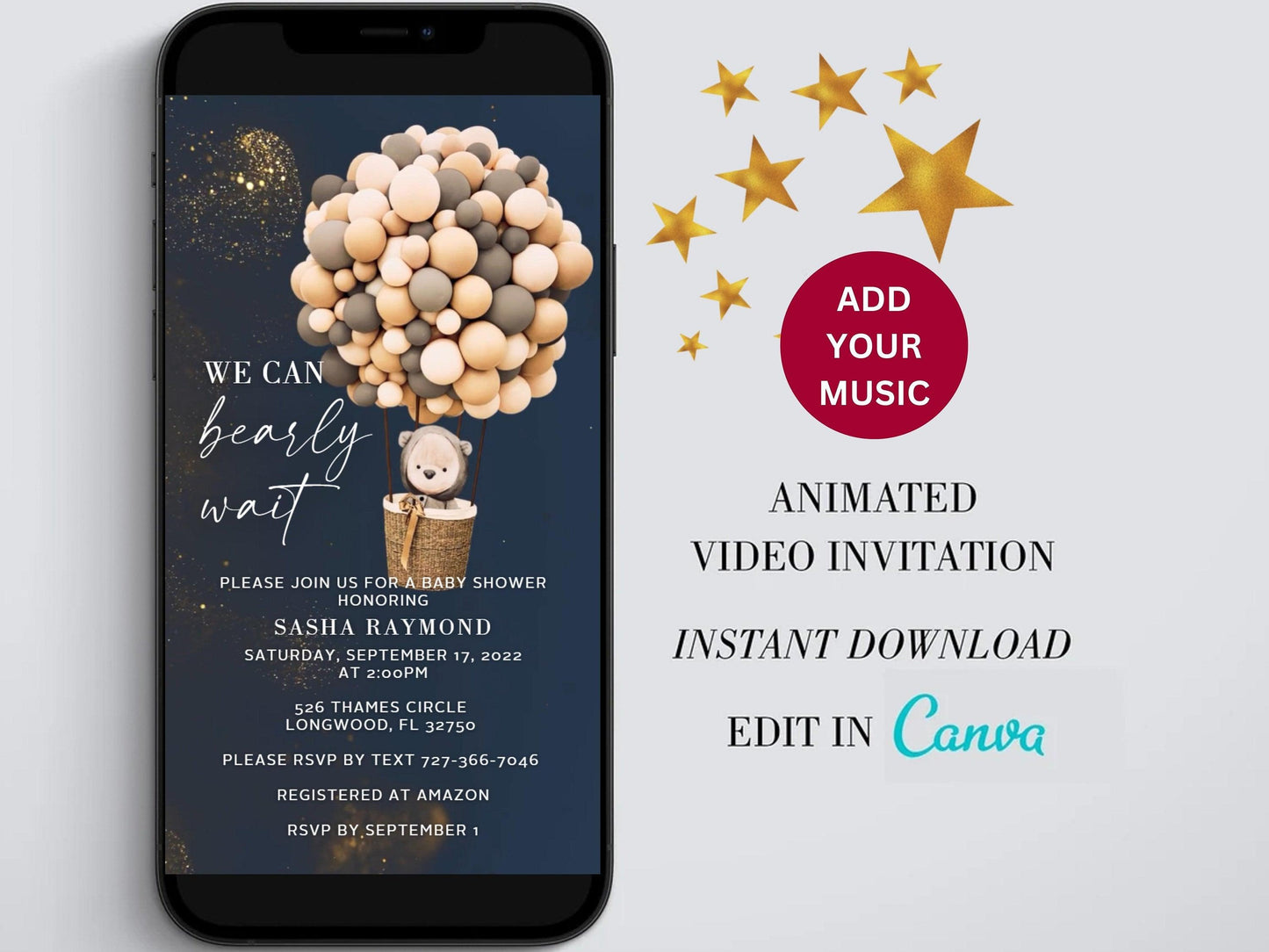 Baby Shower Electronic Invite Bear Balloons Video Glitter Animated, Baby Shower Digital Invite, baby shower e-vite boy, Edit in Canva - SAVVY PAPER CO