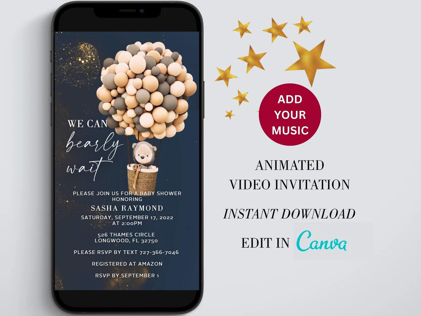 Baby Shower Electronic Invite Bear Balloons Video Glitter Animated, Baby Shower Digital Invite, baby shower e-vite boy, Edit in Canva - SAVVY PAPER CO
