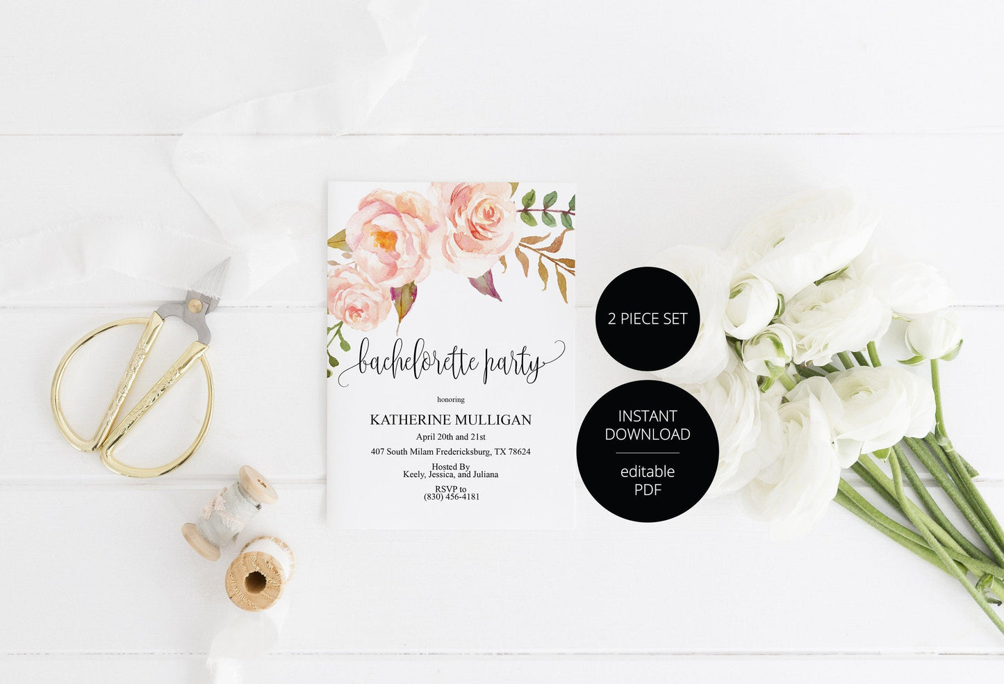 Bachelorette Party Invite, DIY Editable Instant Download Bachelorette Invites, Blush Floral Invitation Template - Katherine - SAVVY PAPER CO