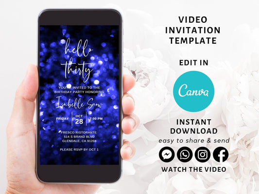 Blue Glitter Hello Thirty Birthday Video Invitation, Editable Invite Template Electronic 30th Birthday Invite Digital Evite Instant Download - SAVVY PAPER CO