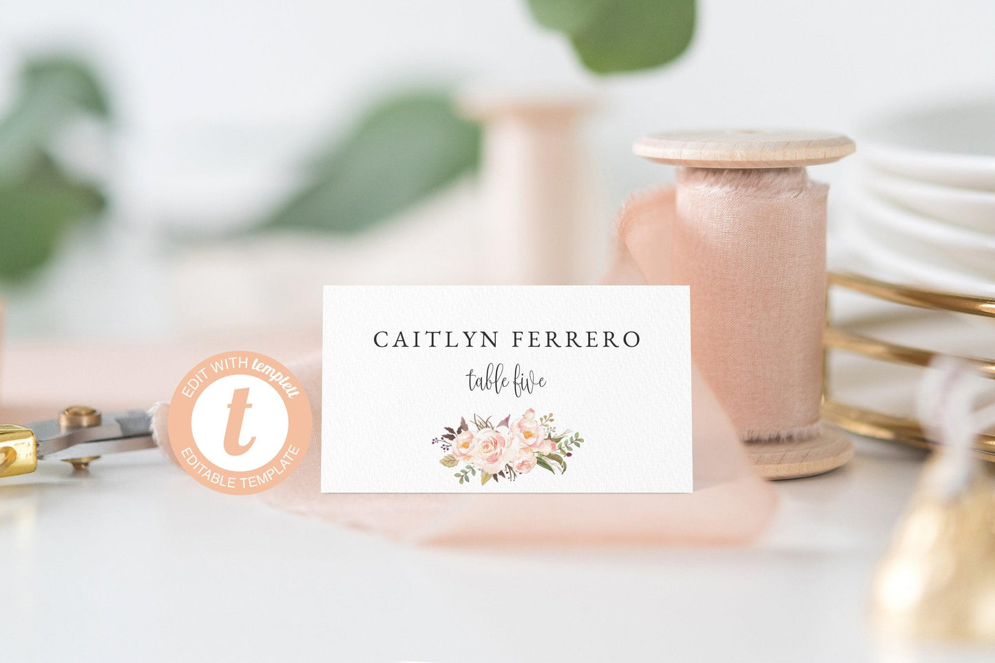 Blush Place Card Template, Templett, Escort Cards, Printable Place Card, Floral Watercolor, Place Cards, Editable Wedding - KATHERINE - SAVVY PAPER CO