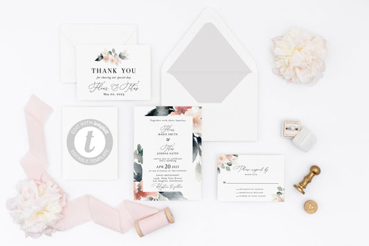 Blush Wedding Invitation Set Printable DIY Instant Download Wedding Invites Editable Template- Fleur - SAVVY PAPER CO