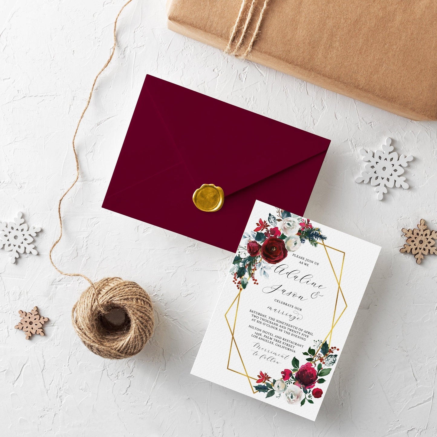 Burgundy Wedding Christmas Invitation Template Printable DIY Instant Download Editable Wedding Invites Geometric - Ada - SAVVY PAPER CO