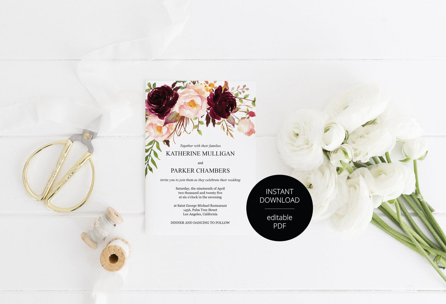 Burgundy Wedding Invitation Editable Template, Printable DIY Instant Download Invites, Digital Download Invitations - Katherine - SAVVY PAPER CO