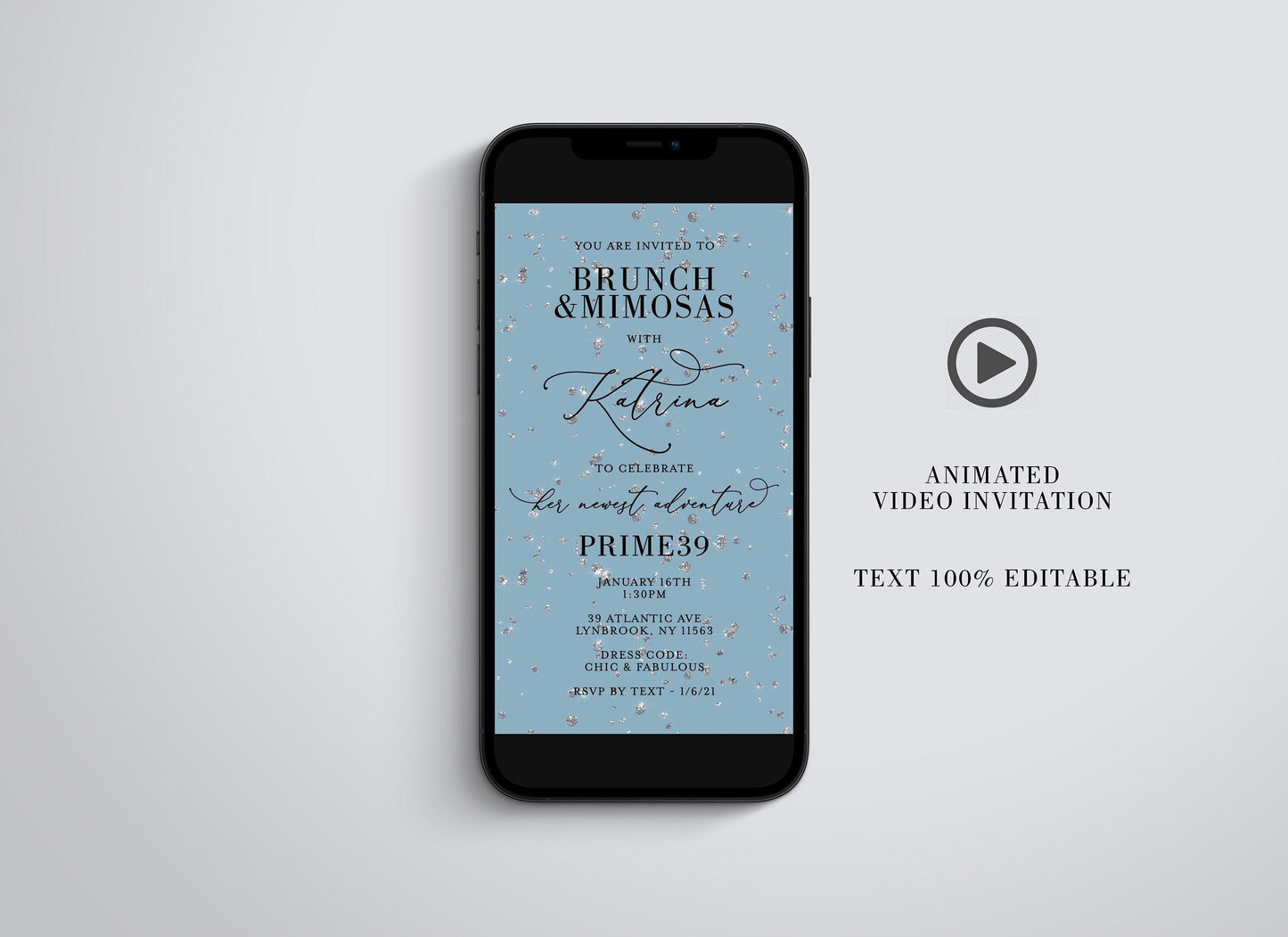 Diamond Birthday Video Invitation, Dinner Party Mobile Invite, Digital Dinner Evite, Brunch and Mimosas Animated Invitation, Any Age - SAVVY PAPER CO