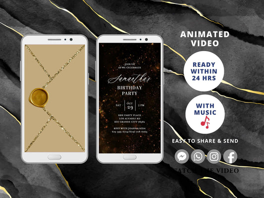 Digital Gold Birthday Dinner Video Invitation, Electronic Dinner Party Invite, Gold Glitter Dripping, Editable Invitation, Any Age - SAVVY PAPER CO