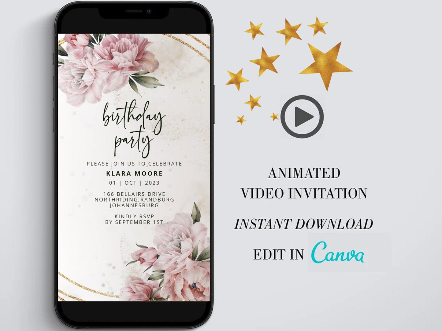 Digital birthday video invitation, Gold Editable Invite, Personalized animated invitations Any Age, Instant Download, Floral Ecard Template - SAVVY PAPER CO