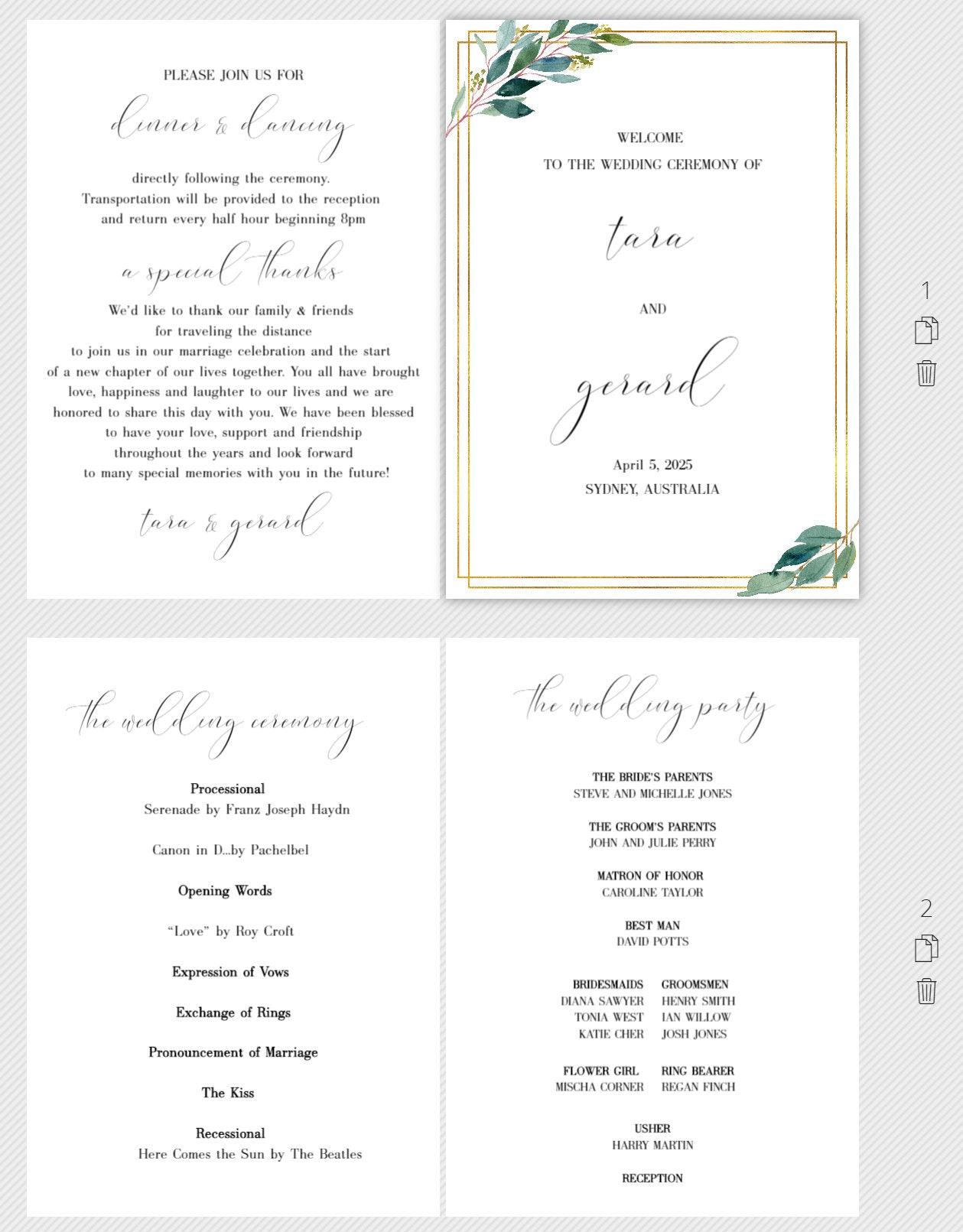 Folded Wedding Ceremony Card, Greenery, Geometric, Wedding Details Card, Gold Wedding, Rustic Wedding, Template, Nature Wedding - Tara - SAVVY PAPER CO