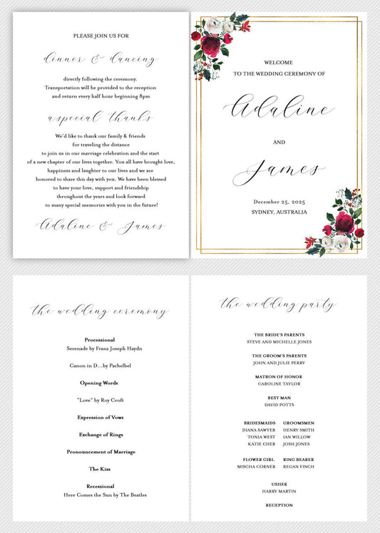 Folded Wedding Ceremony Program Card Editable Template Christmas Wedding Printable Instant Download Order of Service - Ada - SAVVY PAPER CO
