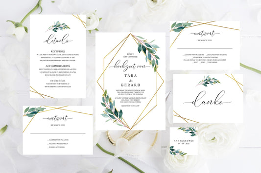 German Wedding Invitation, Geometrische Hochzeitseinladung, Greenery Wedding, Gold Hochzeit, Einladung, Deutsch einladenn- TARA - SAVVY PAPER CO