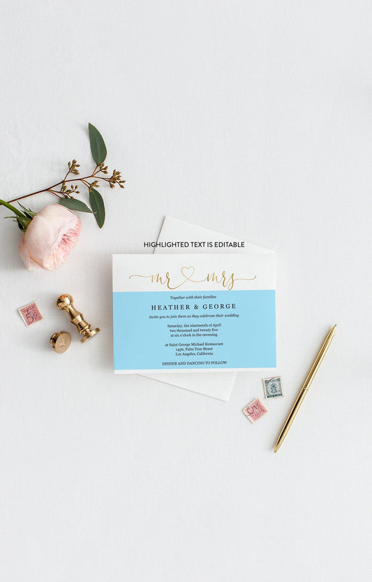 Gold Mr and Mrs Wedding Invitation Template Editable Wedding Invitation Template Printable Calligraphy Instant Download Heart - Heather - SAVVY PAPER CO
