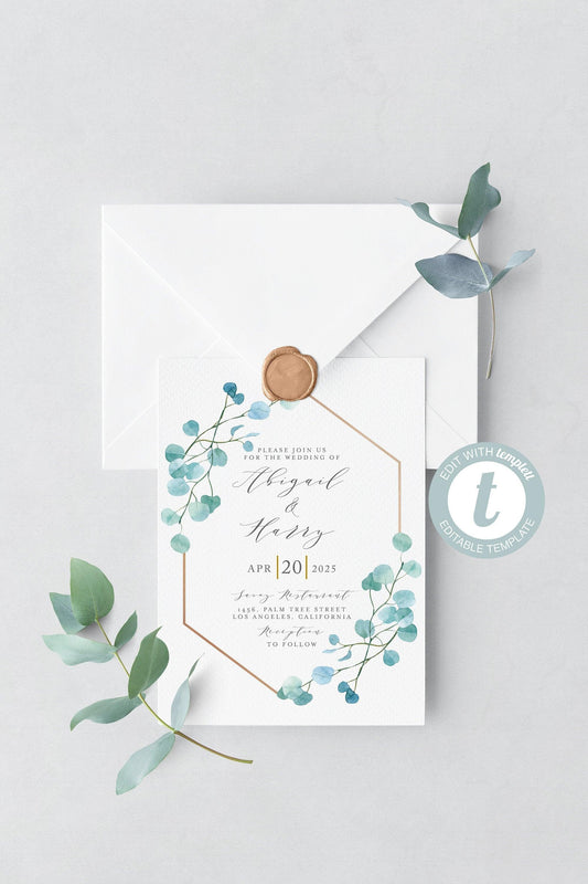 Greenery Geometric Wedding Invitation Template, Printable DIY Instant Download Invites, 100% Editable Invitations -Abi - SAVVY PAPER CO