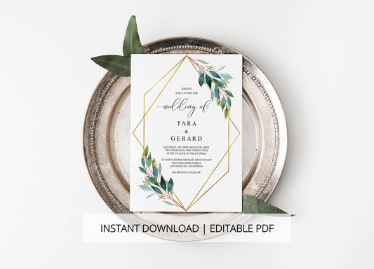 Greenery Wedding Invitation Set Template,Printable Wedding Invitation,Geometric Gold Wedding,Instant Download,Editable Invitation- TARA - SAVVY PAPER CO