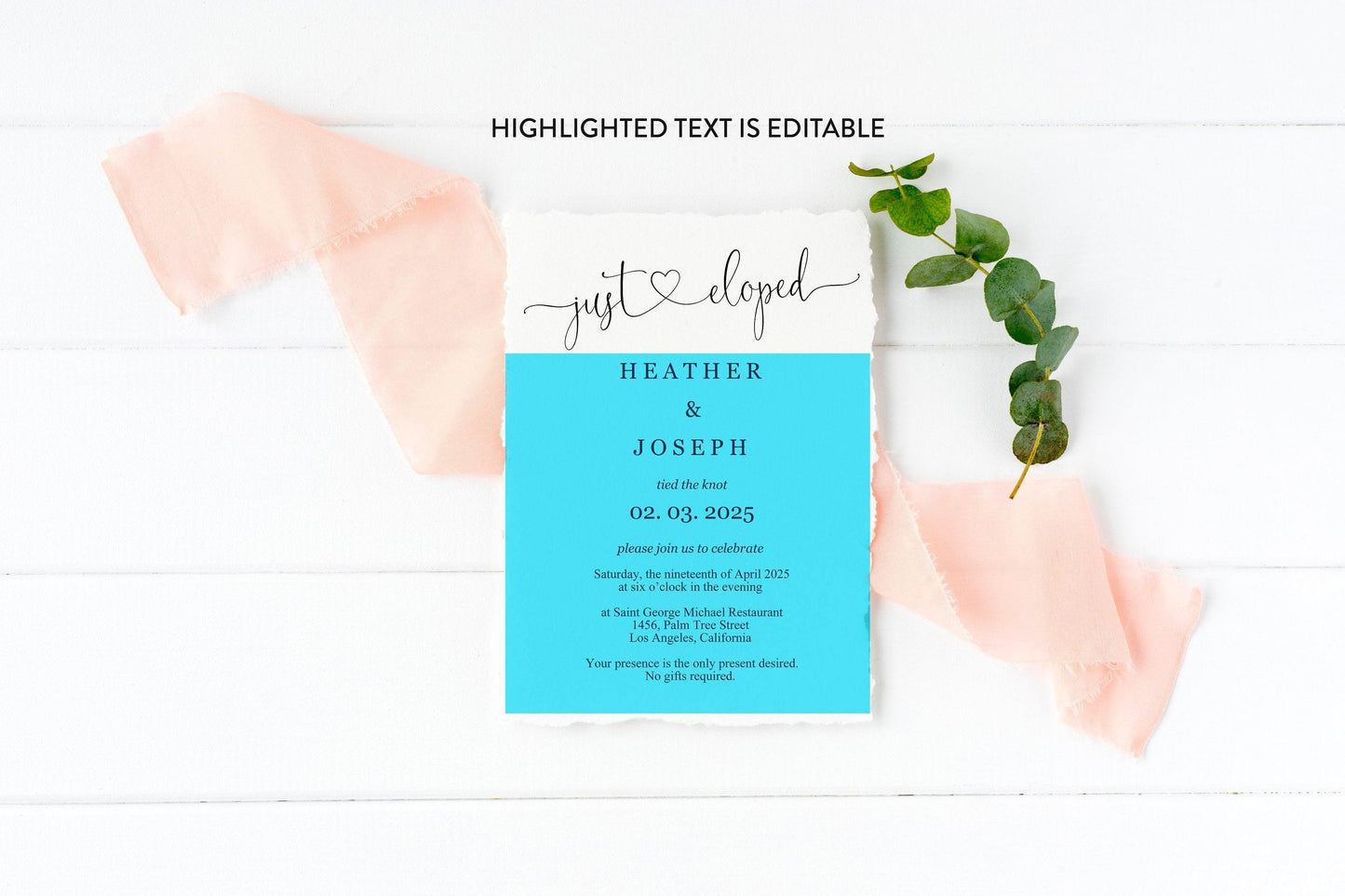 Just Eloped Wedding Invitation Template Editable Printable Calligraphy Heart Wedding Announcement Elopement we eloped Minimal - Heather - SAVVY PAPER CO