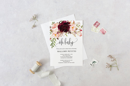 Printable Baby Shower Invitation Template, Oh Baby, Baby Shower invite, Invitation, Baby Shower Invites,Invite, Burgundy - MPU78 - SAVVY PAPER CO