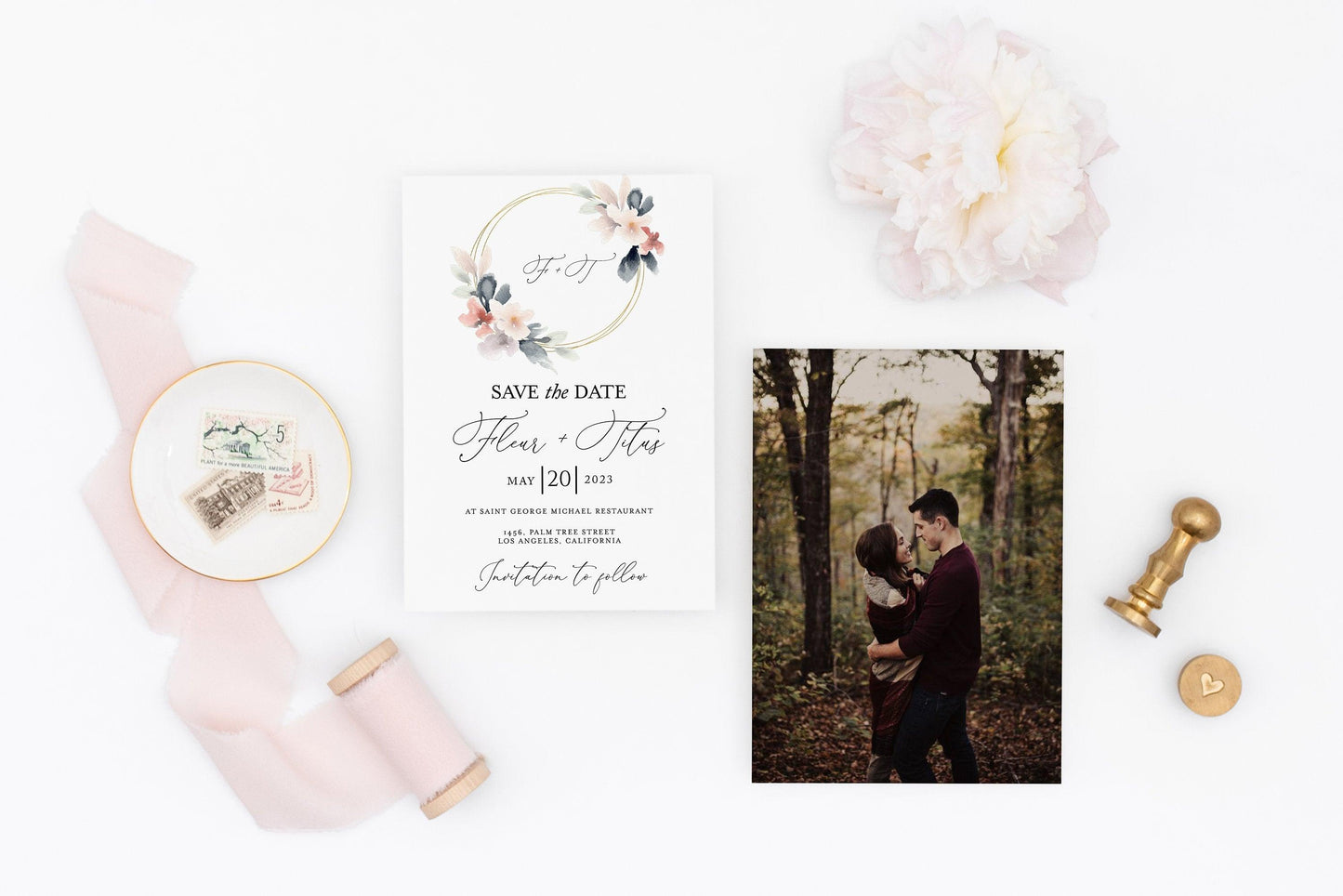 Printable Blush Wedding Save-the-Date Template with photo Engagement Invite 100% editable - Fleur - SAVVY PAPER CO