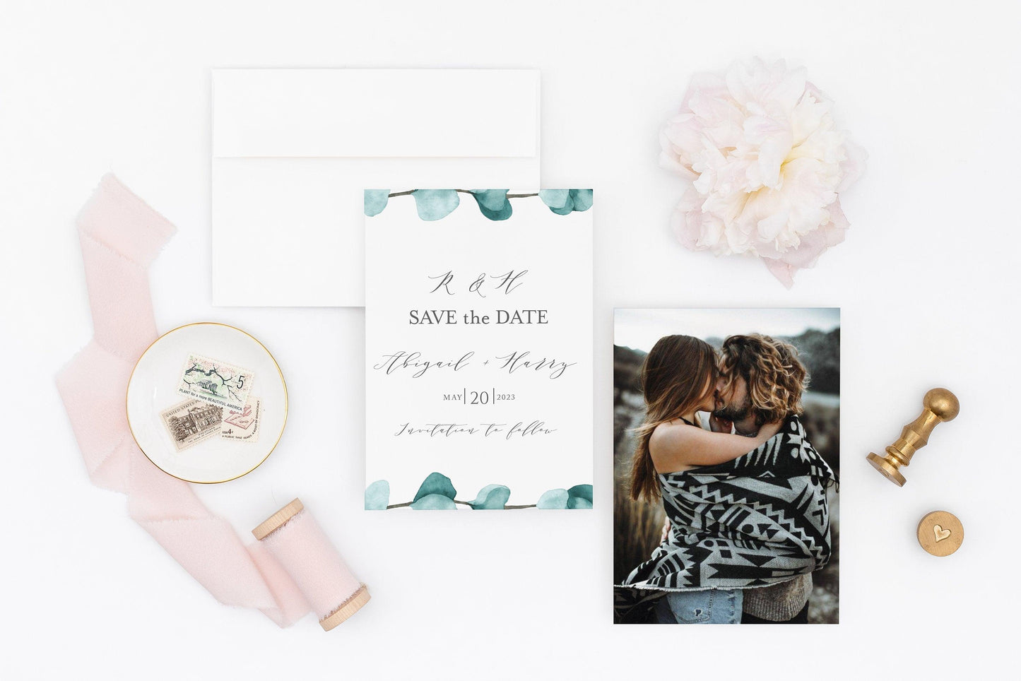 Printable Blush Wedding Save-the-Date Template with photo Engagement Invite 100% editable Greenery - Abi - SAVVY PAPER CO