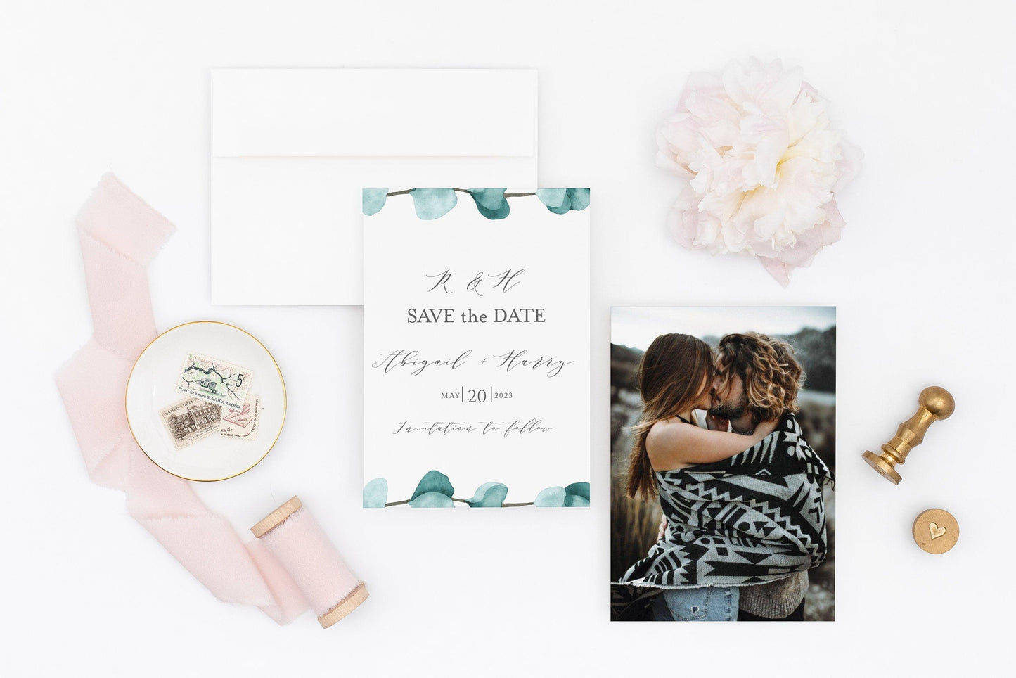 Printable Blush Wedding Save-the-Date Template with photo Engagement Invite 100% editable Greenery - Abi - SAVVY PAPER CO