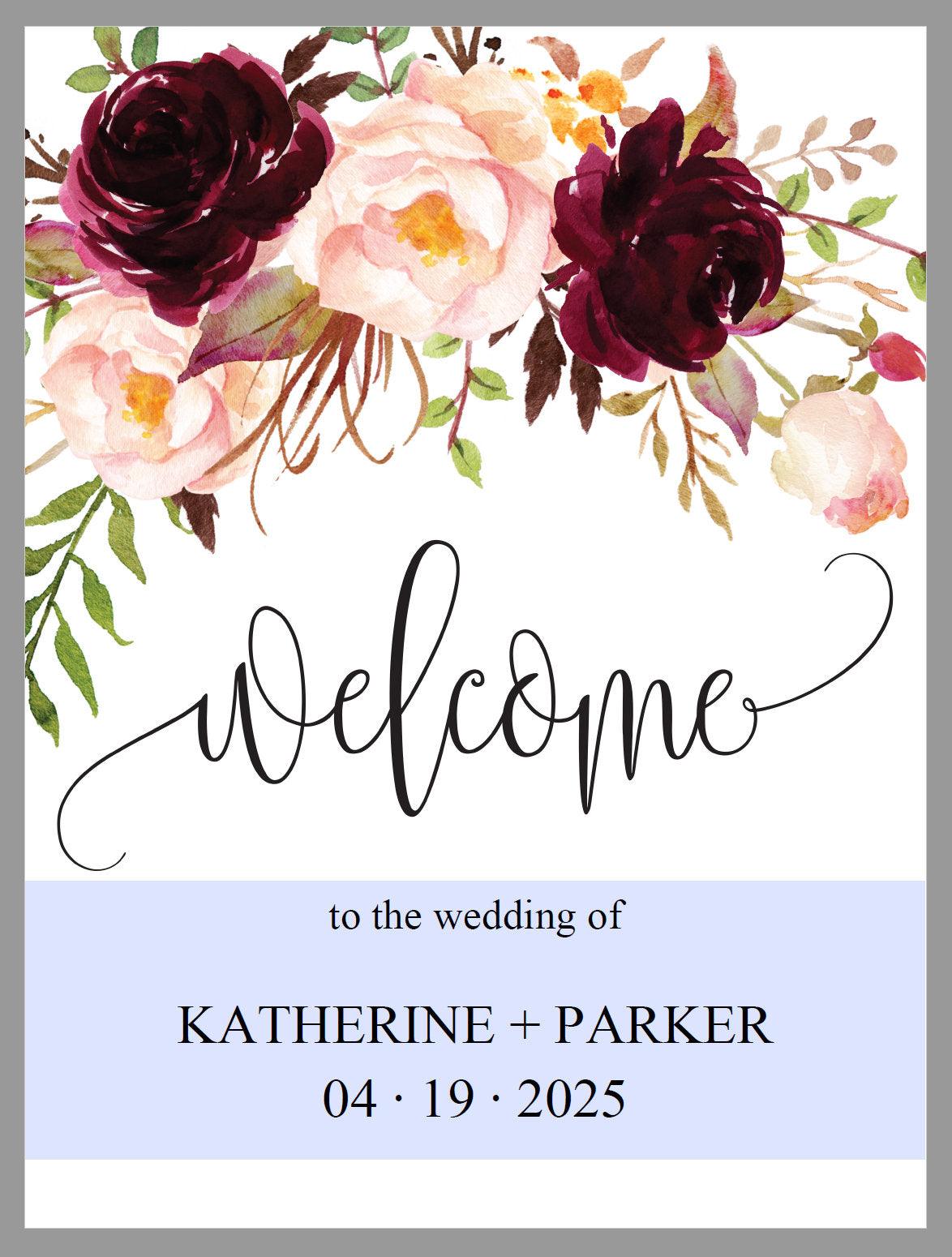 Printable Burgundy Floral Wedding Welcome Sign Editable Template Instant Download -KATHERINE - SAVVY PAPER CO