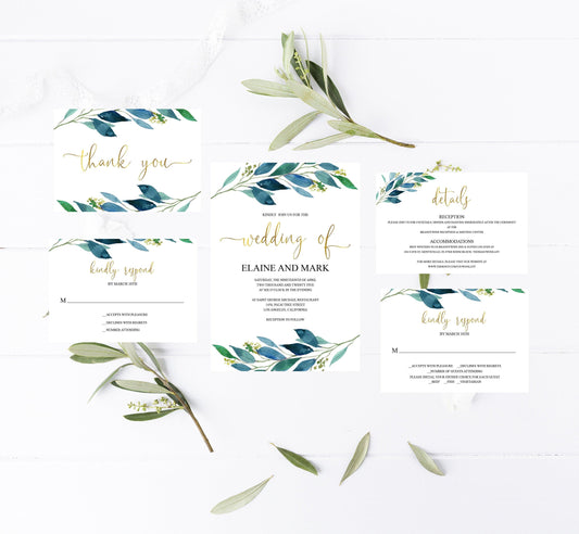 Printable Dusty Blue Wedding Invitation Set Editable Template, DIY Instant Download Invites, Invitation Suite- Elaine - SAVVY PAPER CO