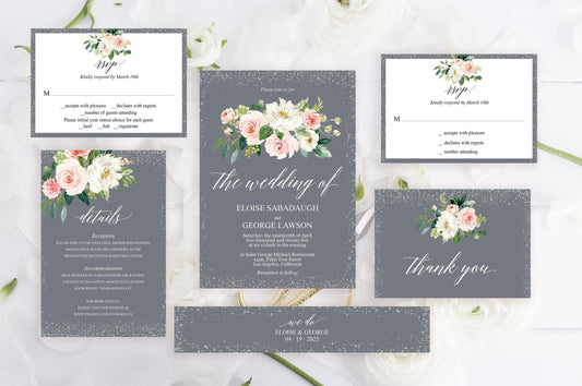Printable Floral Gray Wedding Invitation Set Editable Template, DIY Instant Download Invites, Invitation Suite - Eloise - SAVVY PAPER CO