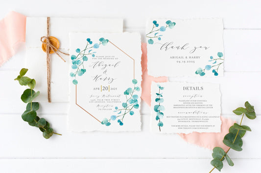 Printable Greenery Geometric Wedding Invitation Set Editable Template, DIY Instant Download Invites, Invitation Suite, 100 % editable - Abi - SAVVY PAPER CO