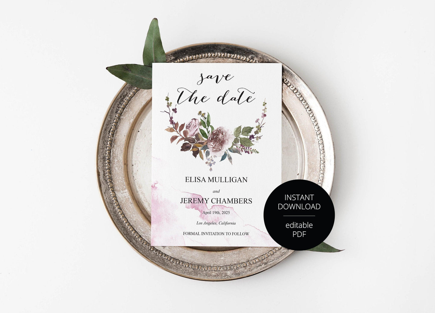 Printable Save-the-Date Template, Engagement Invite, PDF Instant Download, Floral Wedding Announcement - Elisa - SAVVY PAPER CO