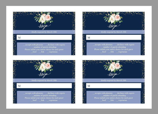 RSVP Card Template, Wedding RSVP, Response Card, RSVP cards, Gold Wedding, Printable rsvp, Wedding Response, Greenery, Navy blue - Eloise - SAVVY PAPER CO