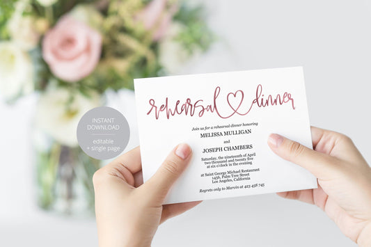 Rehearsal Dinner Invitation Template, Printable Wedding Rehearsal Dinner Invitation, Gold Wedding, Instant Download, Heart - JESSICA - SAVVY PAPER CO
