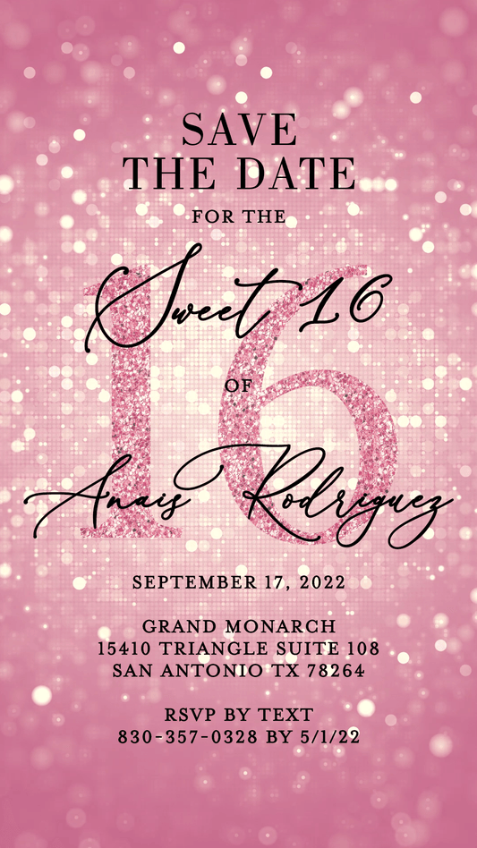 Sweet 16 animated Blush Glitter Birthday Invitation, Video 16th Birthday Invite - SAVVY PAPER CO