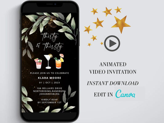 Thirty and thirsty Digital Birthday Invitation template, Cocktail Electronic Birthday Evite, Edit in Canva, Any Age, Instant Download - SAVVY PAPER CO