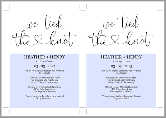 We tied the knot Wedding Invitation Template, Editable,Printable, Calligraphy, Heart, Wedding Announcement, Elopement, we eloped - Heather - SAVVY PAPER CO