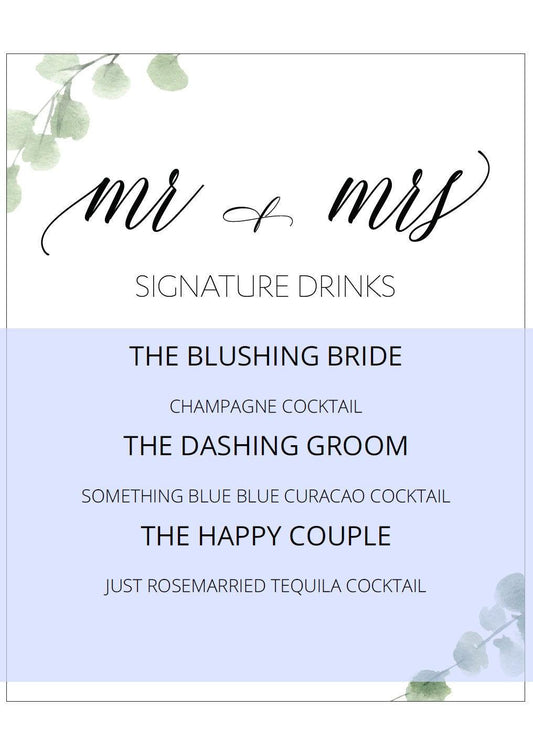 Wedding Bar Sign, Wedding Drink Sign, Bar Menu, DIY, Wedding signs, Mr and Mrs Drinks, Template, Instant Download, Wedding Decor - SAVVY PAPER CO