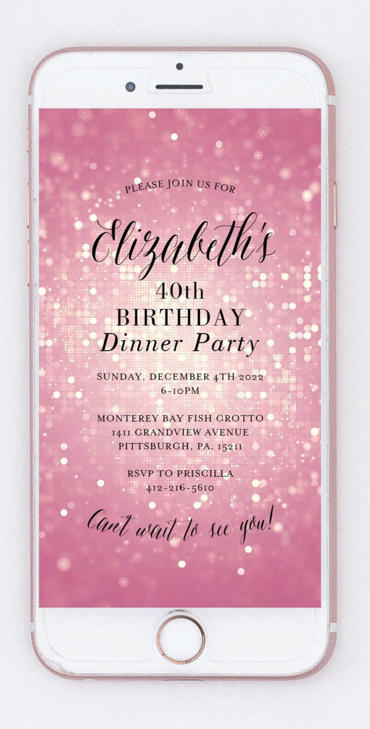 Electronic Birthday Dinner Pink Sparkle Invitation,Dinner Party Mobile Invite,Digital Dinner Evite,Birthday Dinner Video Invitation, Any Age - SAVVY PAPER CO