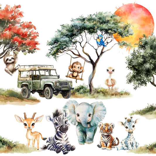 Watercolor Safari Clipart, Jungle Animals Png, Lion, Elephant Safari PNG, Nursery Clipart, Birthday Clipart, ,Animal Bundle hand drawn - SAVVY PAPER CO