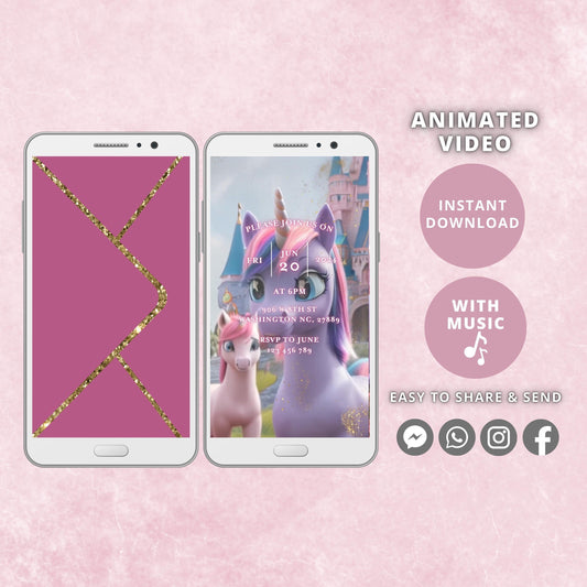 Editable Unicorn Birthday Invite, Pink Unicorn, Girl 1st 2nd Birthday Party, Video invitation template, Digital Instant Download Purple - SAVVY PAPER CO