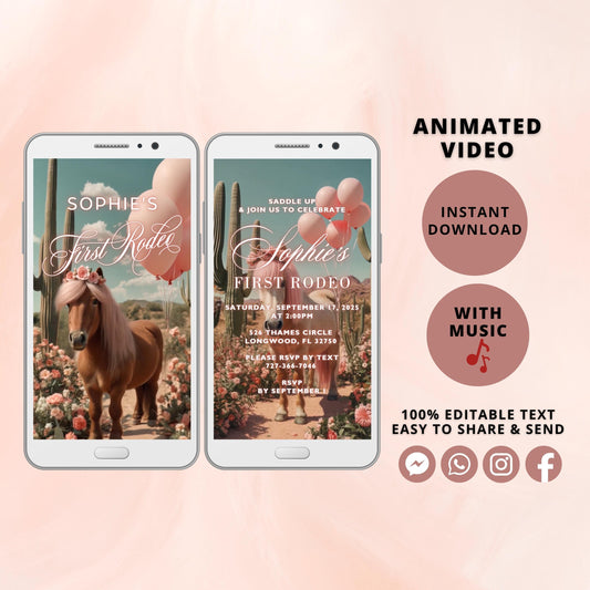 First Rodeo Birthday Video Invitation, Animated Girl First Birthday, Editable Party Invite, Digital Invitation Template, Instant Download - SAVVY PAPER CO