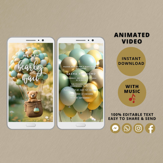 Baby Shower Electronic Invite Bear Hot Air Balloons Video Glitter Animated, Baby Shower Digital Invite, baby shower evite boy or girl edit - SAVVY PAPER CO