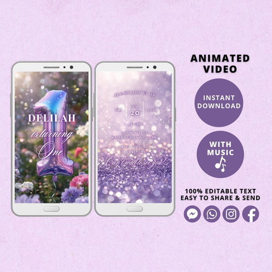 Rainbow First Birthday Invitation Template, Rainbow Video Invitation for First Birthday Party, Purple Editable Animated Invitation - SAVVY PAPER CO