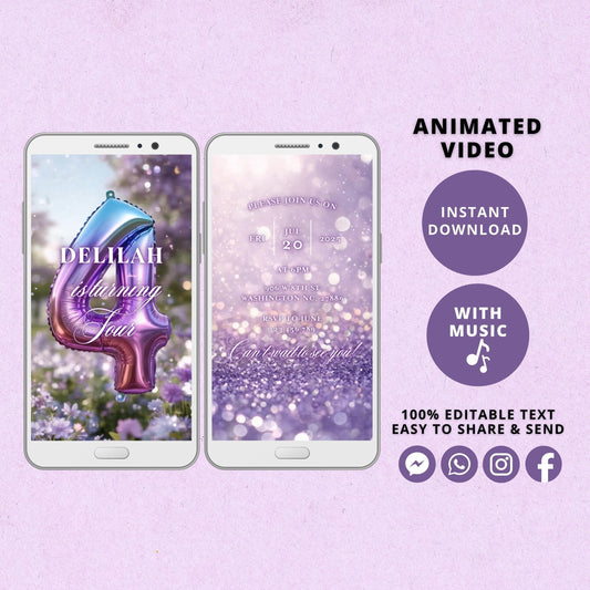 Rainbow Fourth Birthday Invitation Template, Rainbow Video Invitation for 4th Birthday Party, Purple Editable Animated Invitation - SAVVY PAPER CO