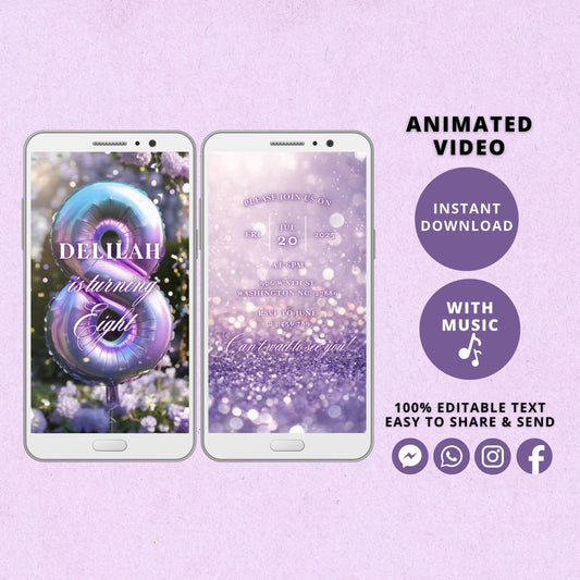 Rainbow Eighth Birthday Invitation Template, Rainbow Video Invitation for 8th Birthday Party, Purple Editable Animated Invitation - SAVVY PAPER CO