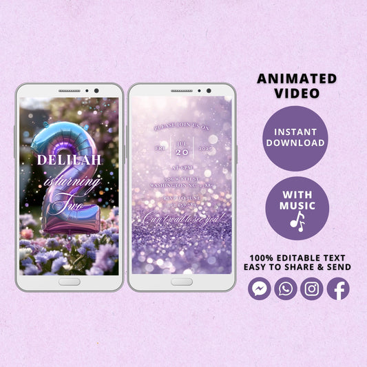 Rainbow Second Birthday Invitation Template, Rainbow Video Invitation for Second Birthday Party, Purple Editable Animated Invitation - SAVVY PAPER CO