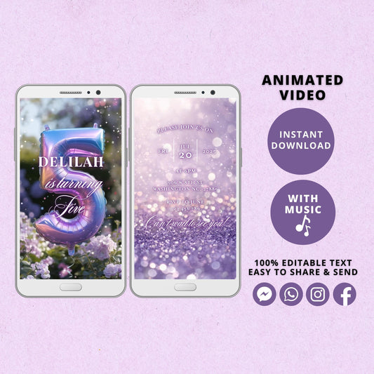 Rainbow Fifth Birthday Invitation Template, Rainbow Video Invitation for 5th Birthday Party, Purple Editable Animated Invitation - SAVVY PAPER CO