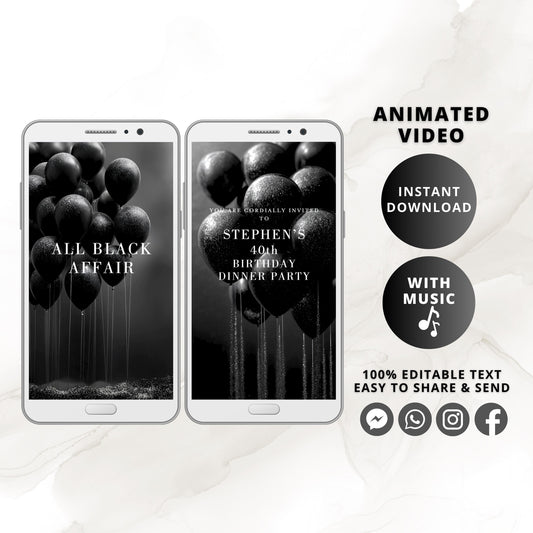All Black Affair Birthday Invitation Video, Elegant Black Tie Party Animated MP4 Evite, Formal Glitter Editable Invite for Men