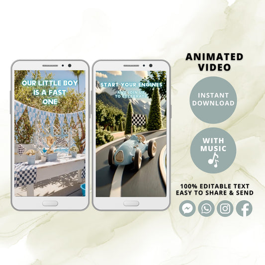 Race Car Birthday Invitation | Editable Fast One Invite | Retro Racing Theme | 1st Birthday Party Video Evite | Digital Animated Template