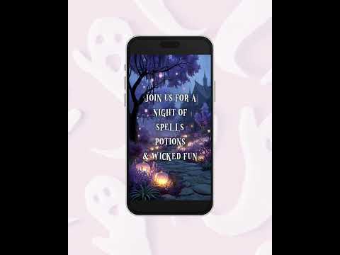 Gothic House Witches Night Out Halloween Birthday Invitation Video, Mystical Moonlight Pumpkins Lanterns Purple Flowers MP4