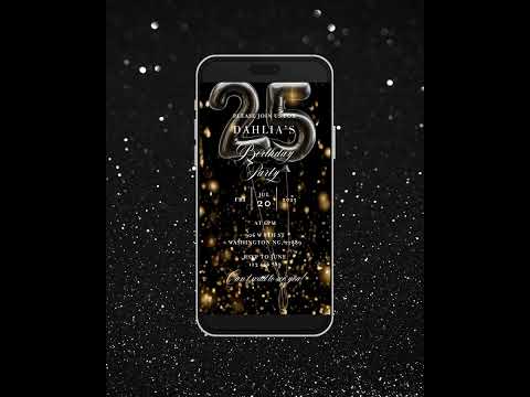 Invito digitale per cena di compleanno, invito per festa di compleanno per donne, invito video di compleanno con palloncini neri e oro animati, modello modificabile