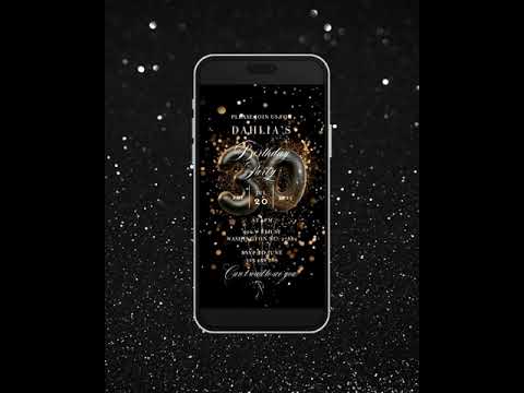 Invito digitale per cena di compleanno, invito per festa di compleanno per donne, invito video di compleanno con palloncini neri e oro animati, modello modificabile