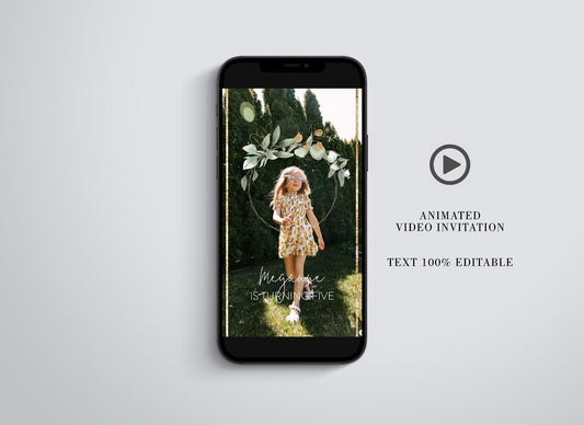 Animated Birthday Girl Invitation, Greenery and Gold 5th Birthday Invite, Video Mp4, Instagram Story - SAVVY PAPER CO