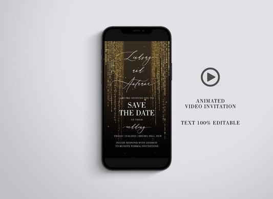 Animated Glitter Wedding Invitation, Video Wedding Invite, Gold Wedding Glitter Curtain - SAVVY PAPER CO